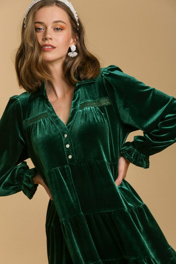 Umgee Velvet Collared Tiered Dress in Evergreen Dresses Umgee   