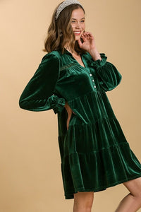 Umgee Velvet Collared Tiered Dress in Evergreen Dresses Umgee   