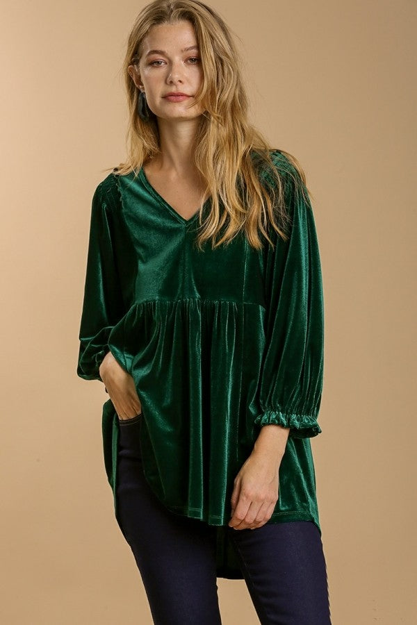 Umgee Velvet Babydoll Tunic Dress in Evergreen Shirts & Tops Umgee   