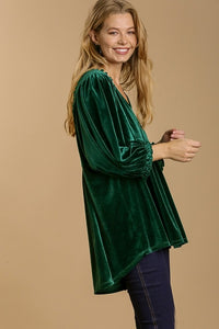 Umgee Velvet Babydoll Tunic Dress in Evergreen Shirts & Tops Umgee   