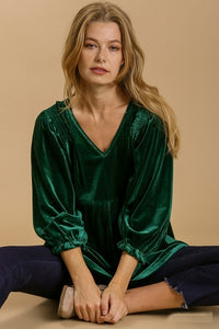 Umgee Velvet Babydoll Tunic Dress in Evergreen Shirts & Tops Umgee   