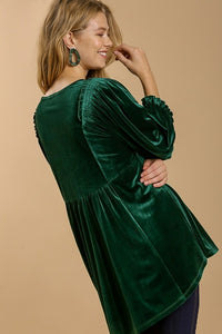 Umgee Velvet Babydoll Tunic Dress in Evergreen Shirts & Tops Umgee   
