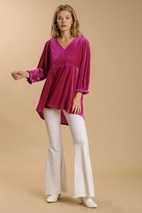 Umgee Velvet Babydoll Tunic Dress in Magenta Shirts & Tops Umgee   