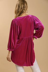 Umgee Velvet Babydoll Tunic Dress in Magenta Shirts & Tops Umgee   