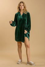 Load image into Gallery viewer, Umgee Velvet Dress with Puff Sleeves and Split Neckline in Evergreen Dresses Umgee   
