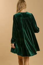 Load image into Gallery viewer, Umgee Velvet Dress with Puff Sleeves and Split Neckline in Evergreen Dresses Umgee   
