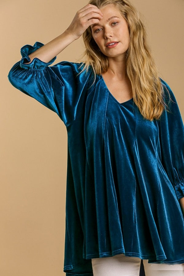 Umgee Velvet Top with Elastic Cuff Sleeves in Peacock Shirts & Tops Umgee   