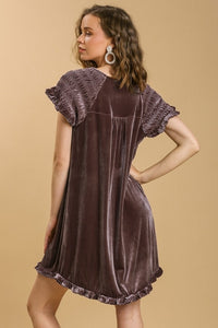 Umgee Short Sleeve Velvet Dress with Smocked Sleeves in Almond Dresses Umgee   