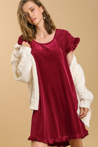 Umgee Short Sleeve Velvet Dress with Smocked Sleeves in Red Velvet Dresses Umgee   