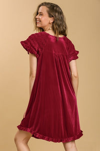 Umgee Short Sleeve Velvet Dress with Smocked Sleeves in Red Velvet Dresses Umgee   