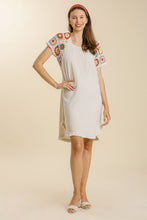 Load image into Gallery viewer, Umgee Oatmeal Linen Blend Dress with Colorful Crocheted Sleeves Dresses Umgee   
