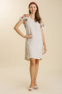 Umgee Oatmeal Linen Blend Dress with Colorful Crocheted Sleeves Dresses Umgee   