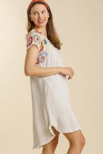 Load image into Gallery viewer, Umgee Oatmeal Linen Blend Dress with Colorful Crocheted Sleeves Dresses Umgee   
