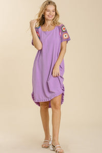 Umgee Lavender Linen Blend Dress with Colorful Crocheted Sleeves Dresses Umgee   