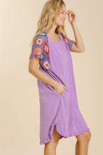 Load image into Gallery viewer, Umgee Lavender Linen Blend Dress with Colorful Crocheted Sleeves Dresses Umgee   
