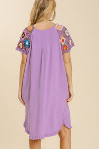 Umgee Lavender Linen Blend Dress with Colorful Crocheted Sleeves Dresses Umgee   