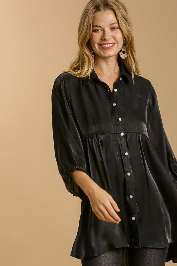 Umgee Shimmery Satin Tiered Tunic Top in Black Shirts & Tops Umgee   