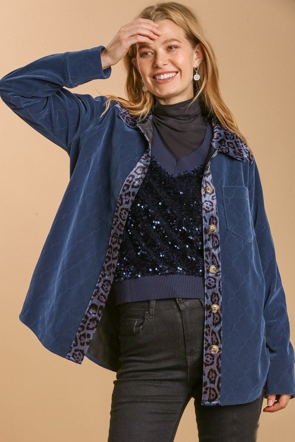 Umgee Velvet Shacket with Animal Print Trim in Slate Blue Coats & Jackets Umgee   