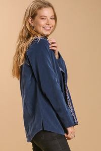 Umgee Velvet Shacket with Animal Print Trim in Slate Blue Coats & Jackets Umgee   