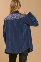 Load image into Gallery viewer, Umgee Velvet Shacket with Animal Print Trim in Slate Blue Coats &amp; Jackets Umgee   
