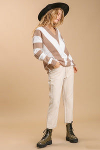 Umgee Striped V-Neck Pullover Sweater with Pointelle Details Sweaters Umgee   