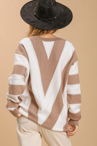 Umgee Striped V-Neck Pullover Sweater with Pointelle Details Sweaters Umgee   