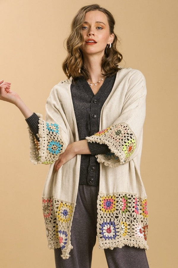 Umgee Linen Blend Kimono with Colorful Crochet in Oatmeal Kimonos Umgee   