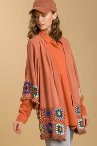 Umgee Linen Blend Kimono with Colorful Crochet in Terracotta Kimonos Umgee   