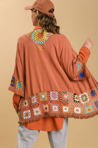 Umgee Linen Blend Kimono with Colorful Crochet in Terracotta Kimonos Umgee   