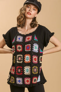 Umgee Linen Blend Top with Colorful Crocheted Granny Square Front in Black Shirts & Tops Umgee   