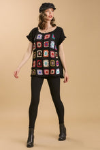 Load image into Gallery viewer, Umgee Linen Blend Top with Colorful Crocheted Granny Square Front in Black Shirts &amp; Tops Umgee   

