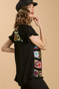 Umgee Linen Blend Top with Colorful Crocheted Granny Square Front in Black Shirts & Tops Umgee   