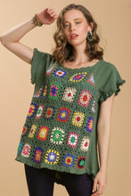Load image into Gallery viewer, Umgee Linen Blend Top with Colorful Crocheted Granny Square Front in Forest Green Shirts &amp; Tops Umgee   
