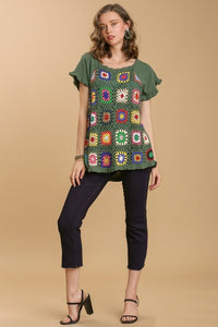 Umgee Linen Blend Top with Colorful Crocheted Granny Square Front in Forest Green Shirts & Tops Umgee   