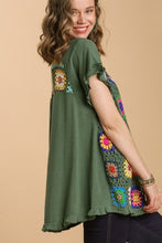 Load image into Gallery viewer, Umgee Linen Blend Top with Colorful Crocheted Granny Square Front in Forest Green Shirts &amp; Tops Umgee   
