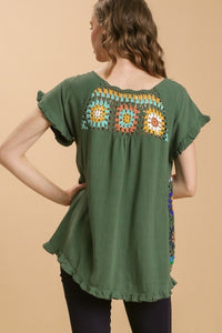 Umgee Linen Blend Top with Colorful Crocheted Granny Square Front in Forest Green Shirts & Tops Umgee   