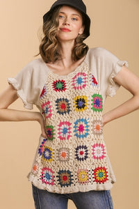 Umgee Linen Blend Top with Colorful Crocheted Granny Square Front in Oatmeal Shirts & Tops Umgee   