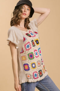 Umgee Linen Blend Top with Colorful Crocheted Granny Square Front in Oatmeal Shirts & Tops Umgee   