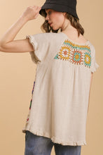 Load image into Gallery viewer, Umgee Linen Blend Top with Colorful Crocheted Granny Square Front in Oatmeal Shirts &amp; Tops Umgee   
