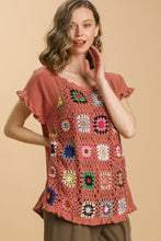 Load image into Gallery viewer, Umgee Linen Blend Top with Colorful Crocheted Granny Square Front in Terracotta Shirts &amp; Tops Umgee   
