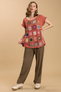 Umgee Linen Blend Top with Colorful Crocheted Granny Square Front in Terracotta Shirts & Tops Umgee   