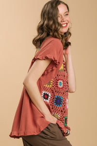 Umgee Linen Blend Top with Colorful Crocheted Granny Square Front in Terracotta FINAL SALE Shirts & Tops Umgee   