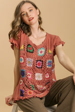 Load image into Gallery viewer, Umgee Linen Blend Top with Colorful Crocheted Granny Square Front in Terracotta FINAL SALE Shirts &amp; Tops Umgee   
