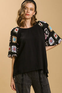 Umgee Granny Square Crochet Top with 3/4 Puff Sleeves in Black Shirts & Tops Umgee   