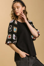 Load image into Gallery viewer, Umgee Granny Square Crochet Top with 3/4 Puff Sleeves in Black Shirts &amp; Tops Umgee   
