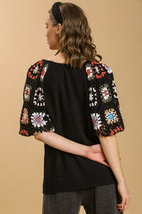 Umgee Granny Square Crochet Top with 3/4 Puff Sleeves in Black Shirts & Tops Umgee   