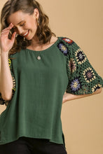 Load image into Gallery viewer, Umgee Granny Square Crochet Top with 3/4 Puff Sleeves in Forest Green Shirts &amp; Tops Umgee   
