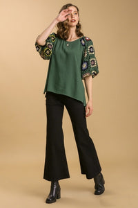 Umgee Granny Square Crochet Top with 3/4 Puff Sleeves in Forest Green Shirts & Tops Umgee   