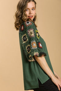Umgee Granny Square Crochet Top with 3/4 Puff Sleeves in Forest Green Shirts & Tops Umgee   