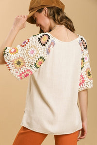 Umgee Granny Square Crochet Top with 3/4 Puff Sleeves in Oatmeal Shirts & Tops Umgee   